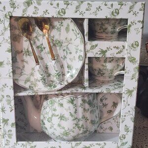 7 Piece Tea Time Set by Grace Teaware Greeny Garden Fine Porcelain NIB